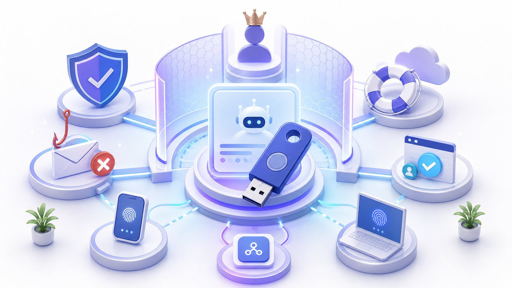 高権限のAIアカウントをパスキーと盾で保護し、フィッシング遮断・復旧・セッション確認を表した3Dイラスト
