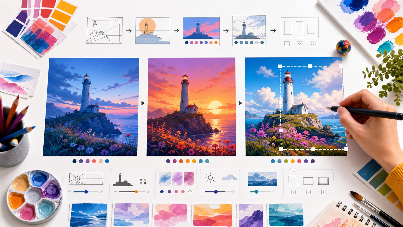 短い指示からカラフルな画像案が展開されるクリエイティブなイラスト